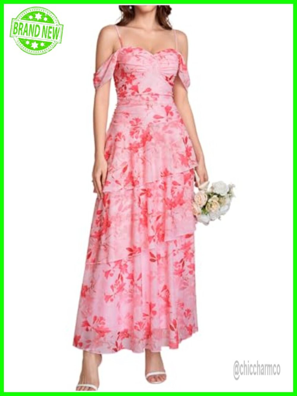 Womens Floral Mesh Tiered Maxi Dress Wedding Guest Spaghetti Strap